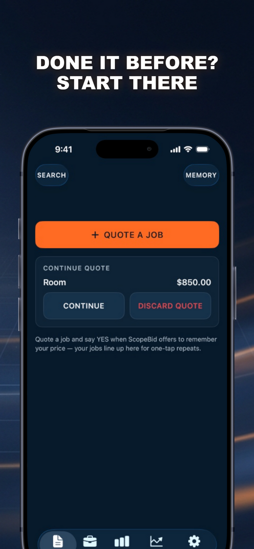 ScopeBid repeat-a-job screen listing saved jobs to start from (example data)