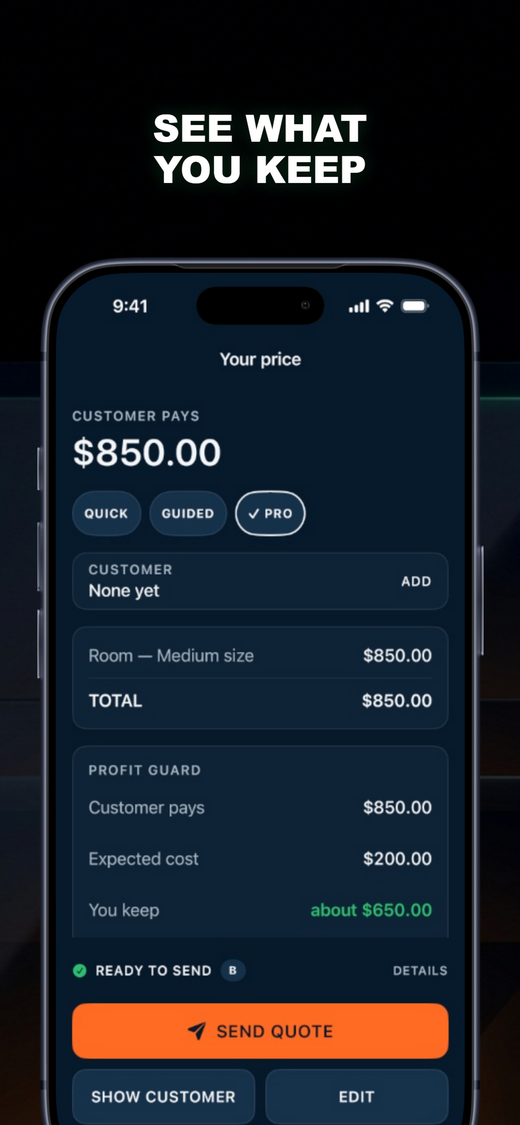 ScopeBid Profit Guard screen showing customer price, direct cost, gross profit and margin (example data)